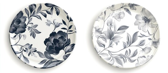 Decorative plates for interior design featuring a floral art deco pattern Mock up of an empty porcelain plate design in white and grey colors Illustration included