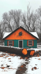 A small, colorful cottage sits in the snow, a fallen tree trunk blocking the path.