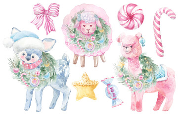 Cute Christmas Watercolor Holiday Set. Christmas tree Wreath Frame, cute girly ornaments, festive decor