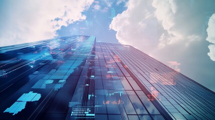 View of a modern skyscraper with digital overlays, captured from below on a sunny day with dynamic clouds in the background