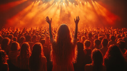 A woman with long hair raises her hands in the air during a concert.