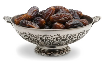 Silver Bowl of Dates, Isolated on White