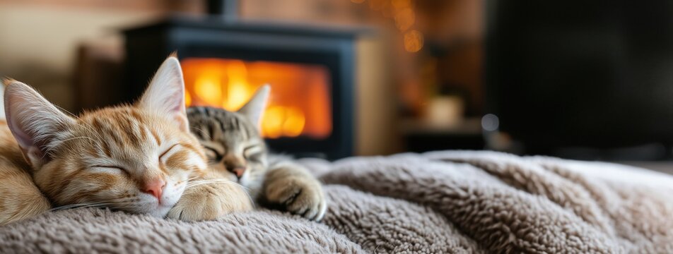 暖かい火のそばで眠る心地良い子猫たち - 冬のポスターやカードにぴったり