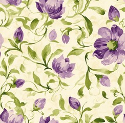 Watercolor, purple and green floral pattern on a cream background