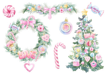 Cute Christmas Watercolor Holiday Set. Christmas tree Wreath Frame, cute girly ornaments, festive decor