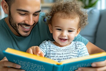 A child learning to read with their parent, pointing at words in a book and discovering the world of literacy