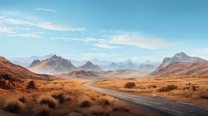 Naklejka premium Desert scenery featuring a winding road and mountainous terrain