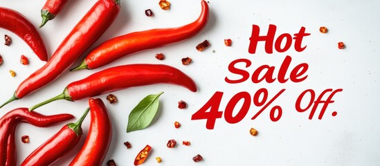 Flat lay of chili peppers against a white background featuring the text Hot Sale 40 Off