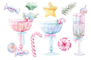 Cute Christmas Watercolor Holiday Set. Christmas tree, cute girly ornaments, festive decor