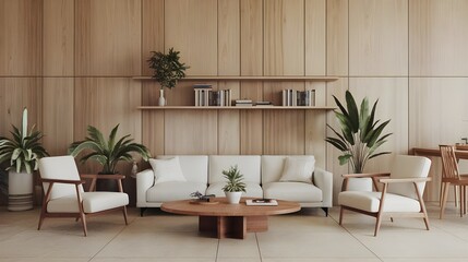 Obraz premium Stylish Modern Living Room with Wooden Panels and Minimalist Furniture 3D Render