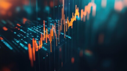 Perspective view of stock market growth, business investing and data concept with digital financial chart graphs, diagrams and indicators on dark blue blurry background