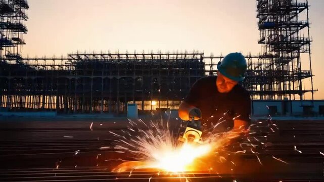 Environmental construction, A worker welding Environmental Steel components in green construction project