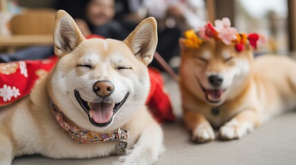 花のアクセサリーで日本の春を祝う柴犬 - ポスターやカードに最適