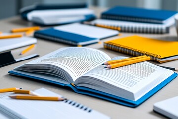 A close-up of a studentâ€™s desk, filled with notebooks, pencils, and a textbook open to a specific chapter