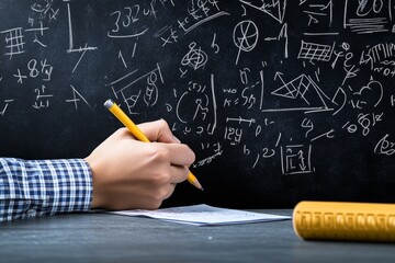 A close-up of a teacherâ€™s hand writing with chalk on a blackboard, drawing diagrams or solving math problems