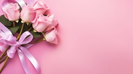 Pink Rose Bouquet with Ribbon on Pink Background