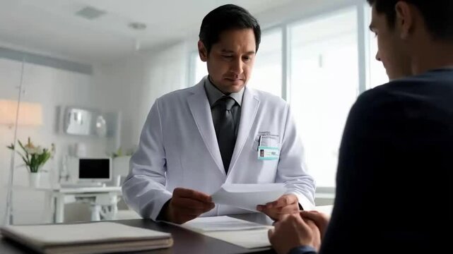Happy doctor reading medical documents while visiting senior patient at home.