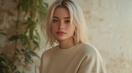 Naklejka premium A young woman with blonde hair poses thoughtfully indoors amidst a backdrop of greenery