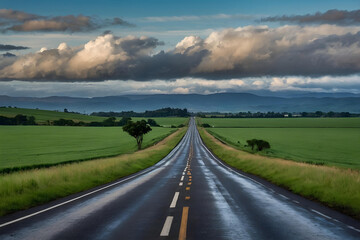 Fototapeta premium Scenic Road Under Blue Sky. Wallpaper for Travel and Nature Lovers. Adventure, Journey.