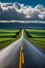 Fototapeta premium Scenic Road Under Blue Sky. Wallpaper for Travel and Nature Lovers. Adventure, Journey.