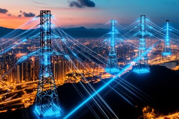 Obraz premium A futuristic energy grid with floating, transparent power lines, transmitting energy through glowing blue beams across a high-tech cityscape