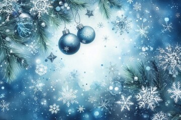 Blaue Weihnachtskugeln, Tannenzweige und Schneeflocken auf einem weichen blauen Hintergrund. Weihnachtskarte mit Platz für Text, Generative KI
