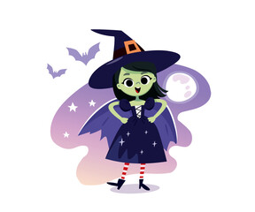 Little cartoon witch in black dress and hat. Girl with green face in halloween costume.