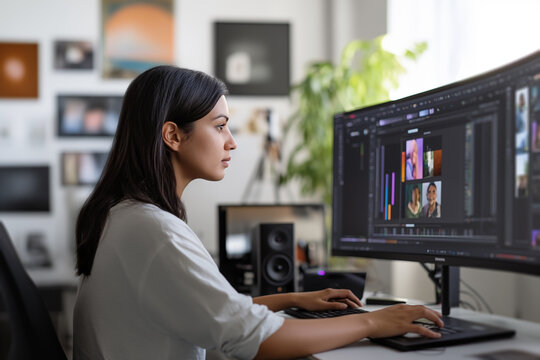 A young Indian woman editor sits at a desk in front of a monitor. Brunette woman Video maker in a white T-shirt edits a video in the studio.