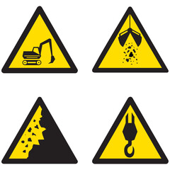 SA058,SA059,SA060,SA061,
maquinaria pesada, riesgo de deslizamientos de tierra, área de carga peligrosa, área de carga y descarga peligrosa, grúa, seguridad, letrero, descarga,maquinaria