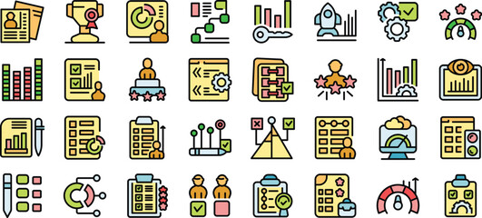 Assessment icons set. Outline set of assessment vector icons for web design isolated on white background
