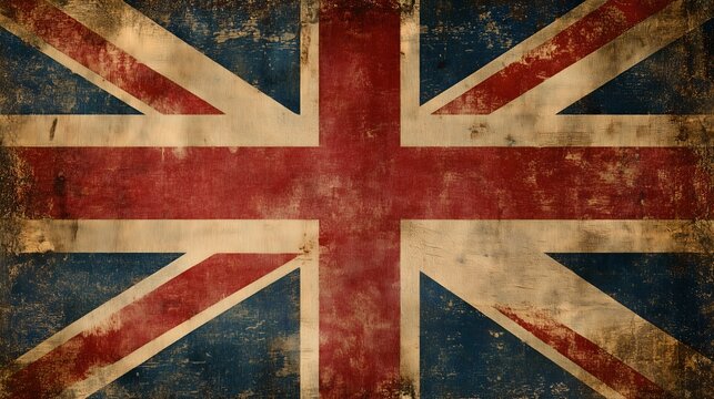 A distressed British Union Jack flag with a grunge textured background, featuring faded colors and a worn-out look, representing the enduring legacy of the United Kingdom