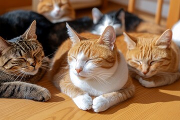 Fototapeta premium A group of cats lounging in a sunny room, with some sleeping and others grooming themselves, creating a peaceful scene