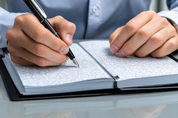 A hyper-realistic close-up of a person&acirc;&euro;&trade;s hands writing in a research notebook, with the texture of the paper and the pressure of the pen captured in perfect detail