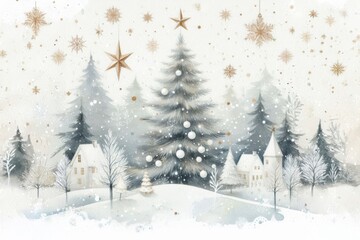 Naklejka premium Winterlandschaft in Aquarell. Tannenbäume, Schnee, heller Hintergrund Perfekte Weihnachtskarte mit Platz für Text, Generative KI 