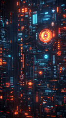 Fototapeta premium Abstract futuristic cyberpunk digital interface glowing with red and blue light.