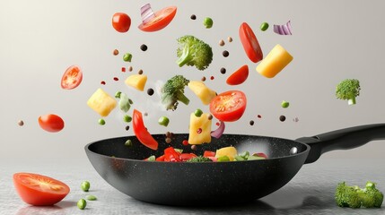 Vegetables fall into a black frying pan on a transparent background. Healthy food concept