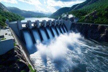 A hyper-realistic shot of a hydroelectric dam, capturing the movement of water as it rushes through the turbines and the mist that rises from the force