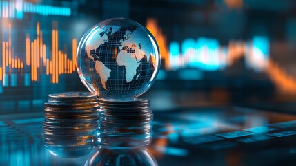 A bright golden globe balances atop coins, with the background of fluctuating stock market graphs and rising financial trends