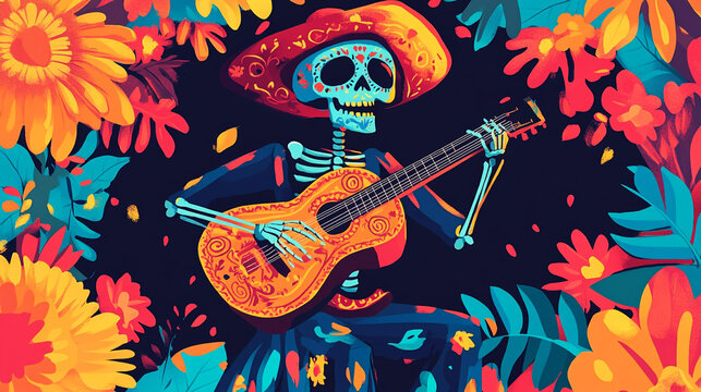 A vibrant skeleton playing guitar amongst colorful flowers during a festive celebration