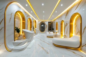 A luxury spa interior, featuring marble walls, gold accents, and soft lighting, symbolizing relaxation and indulgence