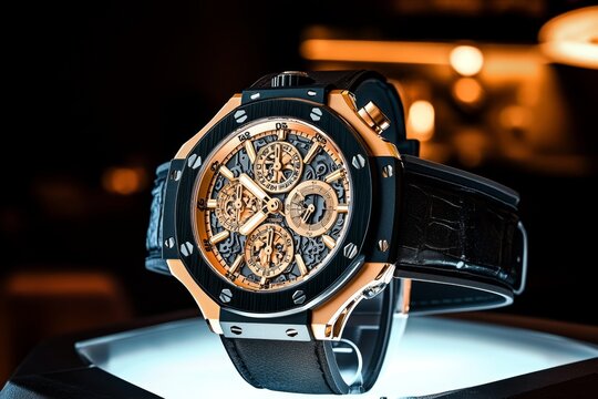 A luxury watch displayed in a boutique, with a spotlight highlighting its intricate details, symbolizing exclusivity