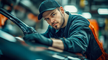 Young mechanic working diligently on a car in an automotive workshop during the daytime