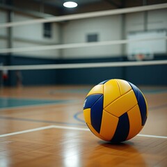 A volleyball ball is lying in empty gym on a gray background, no people, sport lifestyle, school gym