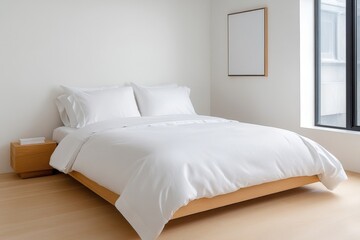 A minimal luxury bedroom, featuring a designer bed with crisp white sheets, a single art piece on the wall, and soft natural light