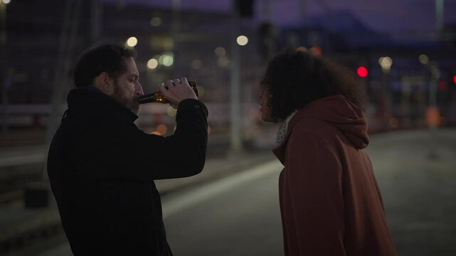 A nighttime encounter unfolds in a vibrant urban setting filled with captivating elements