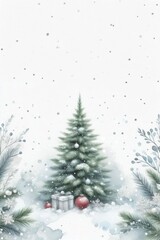 Winterlandschaft in Aquarell. Tannenbäume, Schnee, heller Hintergrund Perfekte Weihnachtskarte mit Platz für Text, Generative KI 