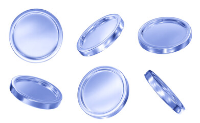 3D set metal coins with different angles.  Symbol of gold and wealth. Stock vector illustration on isolated background.