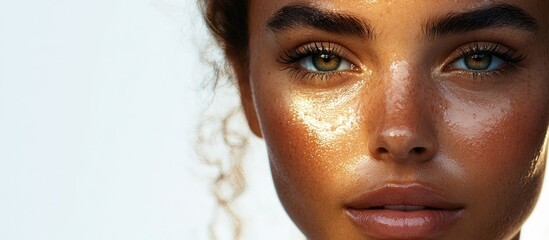 Woman with oiled skin against a white backdrop