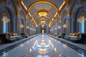 A royal palace interior with golden arches, floating chandeliers, and opulent furnishings, in a fantasy kingdom setting