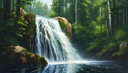 Serene waterfall cascading through a lush green forest, surrounded by tall, dense trees, creating a tranquil and peaceful atmosphere